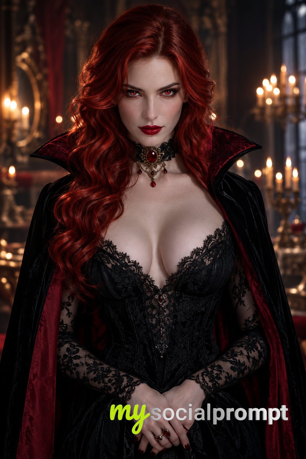 Gothic Vampire Woman in Candlelit Hall image 1